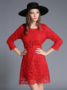 Bijou cou 3/4 longueur manches des femmes robe de dentelle rouge Slim Fit a-line robe avec ceinture