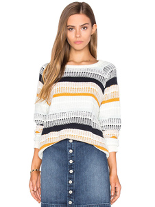 Chic femme pull mode blanc avec rayure creusé vêtements journaliers manches longues