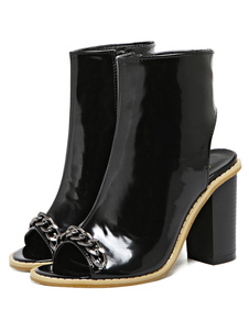 Sandale noir bottines Peep Toe talon Chunky talon haut Slingback bottes femmes avec chaîne
