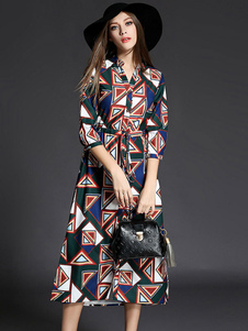 Robe longue vert en polyester impression fendu décolleté cranté