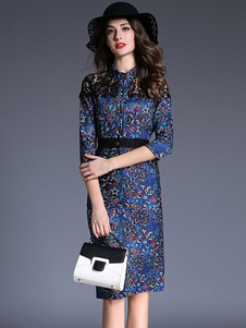 Fantastique robe droite mode en polyester bleu impression à demi-transparence avec dentelle col mont