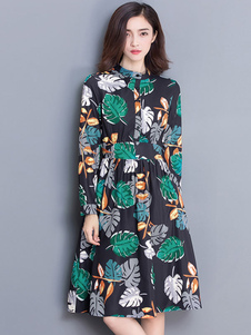 Chic robe skater mode en polyester noir impression plissé col montant