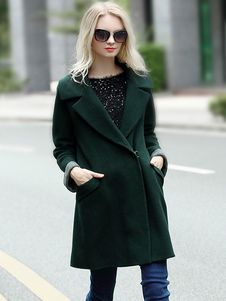 Magnétique manteau en polyester vert foncé unicolore avec poches col à revers