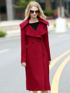 Éblouissant manteau en polyester bordeaux unicolore fendu croisé col à revers