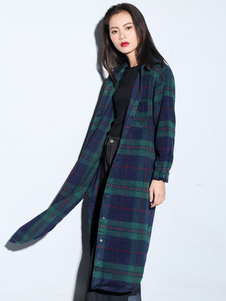 Blouse femme casual en coton écossais fendu irrégulier