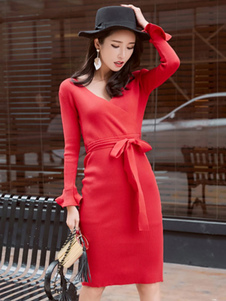 Fabuleuse robe pull mode unicolore fendue col V plein air