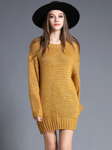 Fascinante robe pull casual jaune unicolore col rond plein air