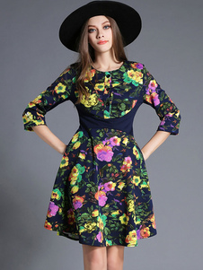 Éblouissante robe skater doux en polyester bleu impression plissé avec poches col rond