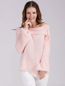 Doux pull pour femme mode rose unicolore avec lacets manches longues