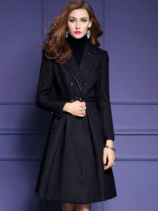 Charmant manteau en polyester noir unicolore avec poches croisé col à revers