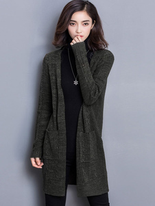 Cardigan populaire casual vert forêt unicolore avec poches col V ouverture avant manches longues