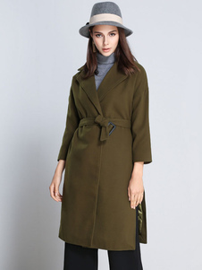 Populaire manteau en laine mélangée vert forêt unicolore fendu col à revers