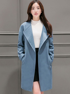 Beau manteau femme en polyester bleu unicolore avec poches col à revers