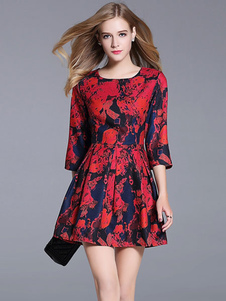 Magnétique robe skater mode en polyester rouge impression plissé col rond