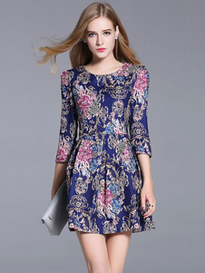 Magnifique robe skater mode en polyester bleu impression plissé col rond