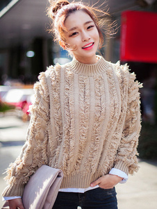 Attrayant pull féminin casual abricot unicolore avec frange manches longues