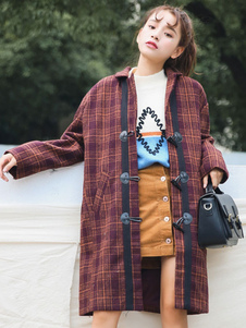 Attrayant manteau en polyester écossais avec poches colet revers