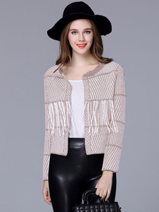 Attrayant cardigan casual abricot jacquard avec frange col rond ouverture avant manches longues