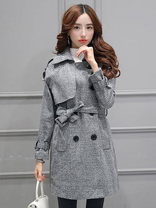Adorable manteau en acétate de cellulose gris écossais avec ceinture croisé col à revers