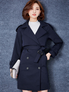 Charmant manteau en acétate de cellulose bleu marine foncé unicolore avec poches croisé revers crant