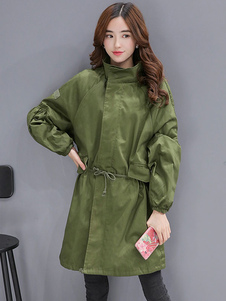 Beau manteau femme en coton vert forêt unicolore avec poches ouverture avant col montant manches cas