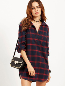 Blouse belle casual en coton bleu foncé écossais avec bouton convertible