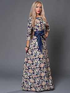 Robe longue bleu foncé en acétate de cellulose impression moulant avec ceinture col rond