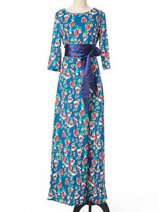 Robe longue bleu en acétate de cellulose imprimé fleuri moulant avec ceinture col rond