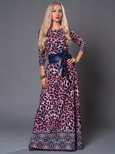 Robe longue en acétate de cellulose à motif léopard moulant avec ceinture col rond
