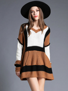 Charmant pull pour femme casual havane color-block avec poches surdimensionné manches casaque manche