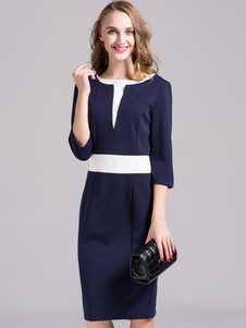 Robe bodycon en polyester col rond bicolore moulant