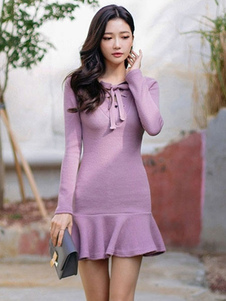 Robe bodycon en coton lavande col V unicolore à volants moulant