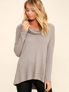 Chic femme pull casual gris unicolore coupe asymétrique manches longues
