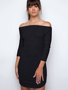 Fascinante robe pull moyenne mode noire unicolore moulante hors de l'épaule quotidienne
