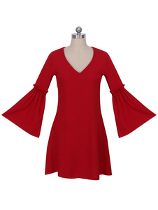 Charmante robe droite mode en brocart rouge unicolore plissé plissé col V