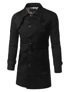 Manteau noir manches longues col Turndown hommes ceinturé bouton manteau d’hiver