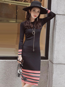 Magnifique robe pull longueur genou mode avec rayure col rond manche unique plein air