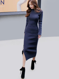 Robe pull charmante bleu foncée tricotée avec tricot col bateau plein air