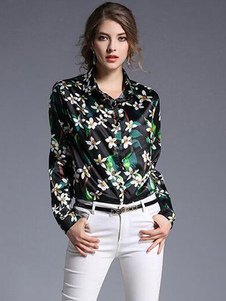 Blouse femme style européen en acétate de cellulose noir impression avec bouton