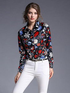 Blouse femme style européen en acétate de cellulose noir impression avec bouton