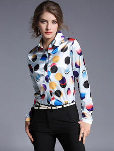 Blouse belle mode en acétate de cellulose blanc à pois avec bouton