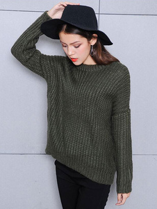 Adorable pull féminin unicolore vert unicolore avec tricot manches longues