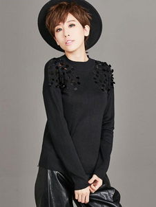 Chic femme pull mode noir unicolore avec paillettes manches longues