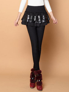 Fabuleux leggings pour femmes noirs mode en PU avec dentelle et dentelle