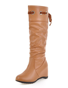 Bottes à talons compensés en PU unicolore plissé