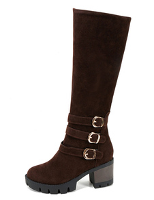 Bottes à talons épais en cuir poncé unicolore avec boucle