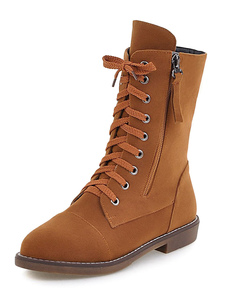 Bottes mi-mollet à lacets et bout rond en micro daim unicolore