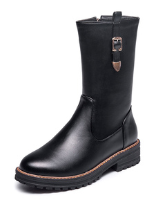 Bottes mi-mollet Zip à bout rond en PU unicolore