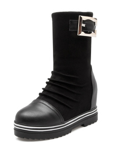 Bottes mi-mollet talons couverts à bout rond en PU unicolore