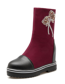 Bottes mi-mollet talons couverts à bout rond en micro daim unicolore